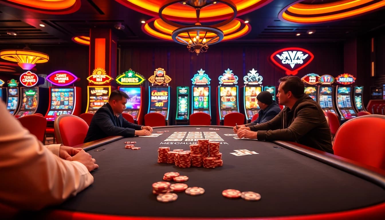 Experience thrilling gameplay at cm88 nhà cái with vibrant casino scenes featuring poker tables and slot machines.