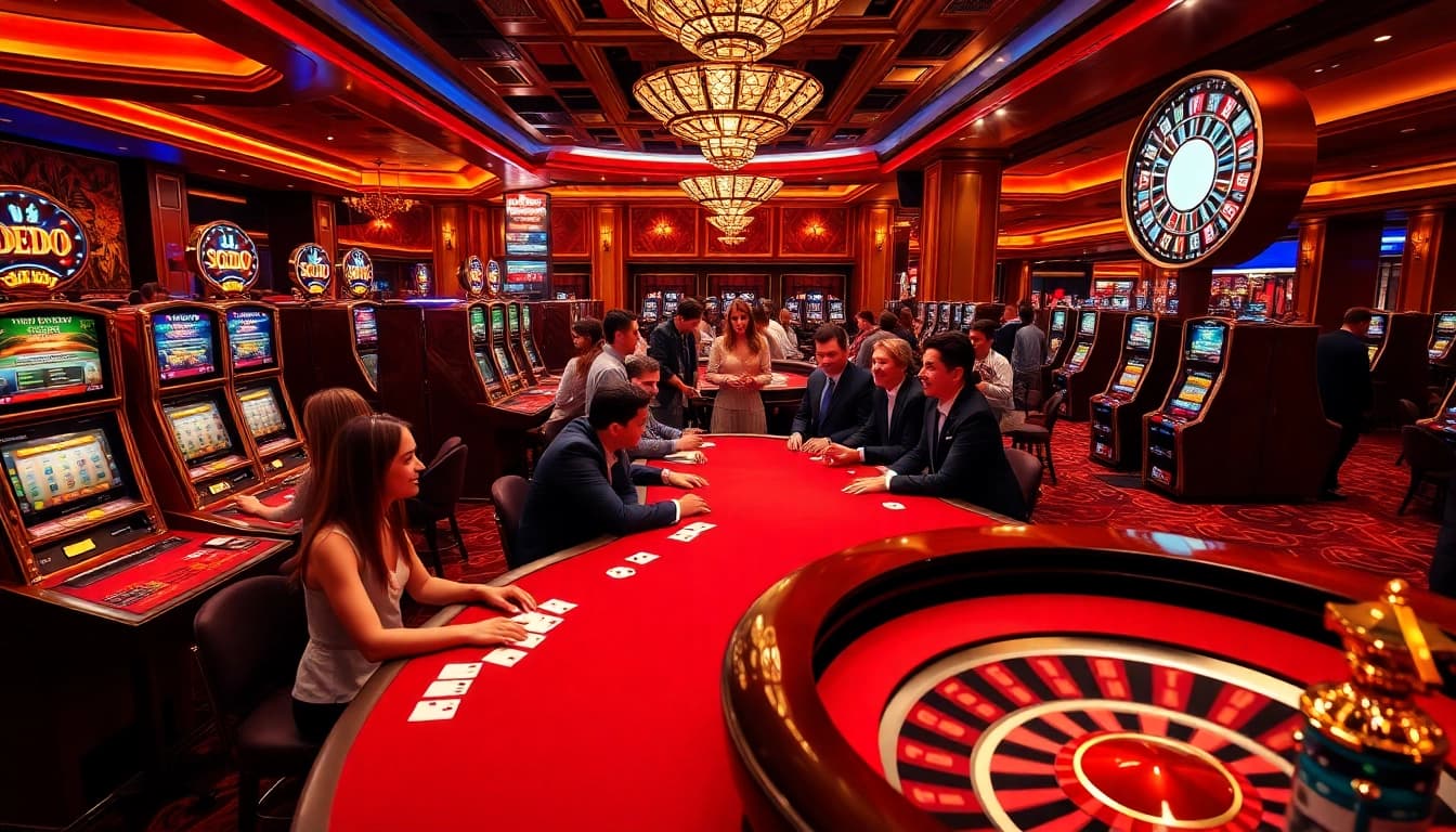 SODO-themed casino scene vibrant with casino tables, cards, and excited players gambling.