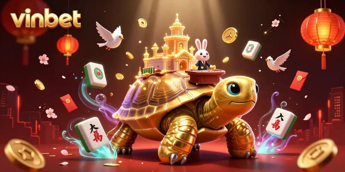 Win at vinbet with vibrant 3D illustration of a golden tortoise casino, showcasing the excitement and rewards of online gambling.