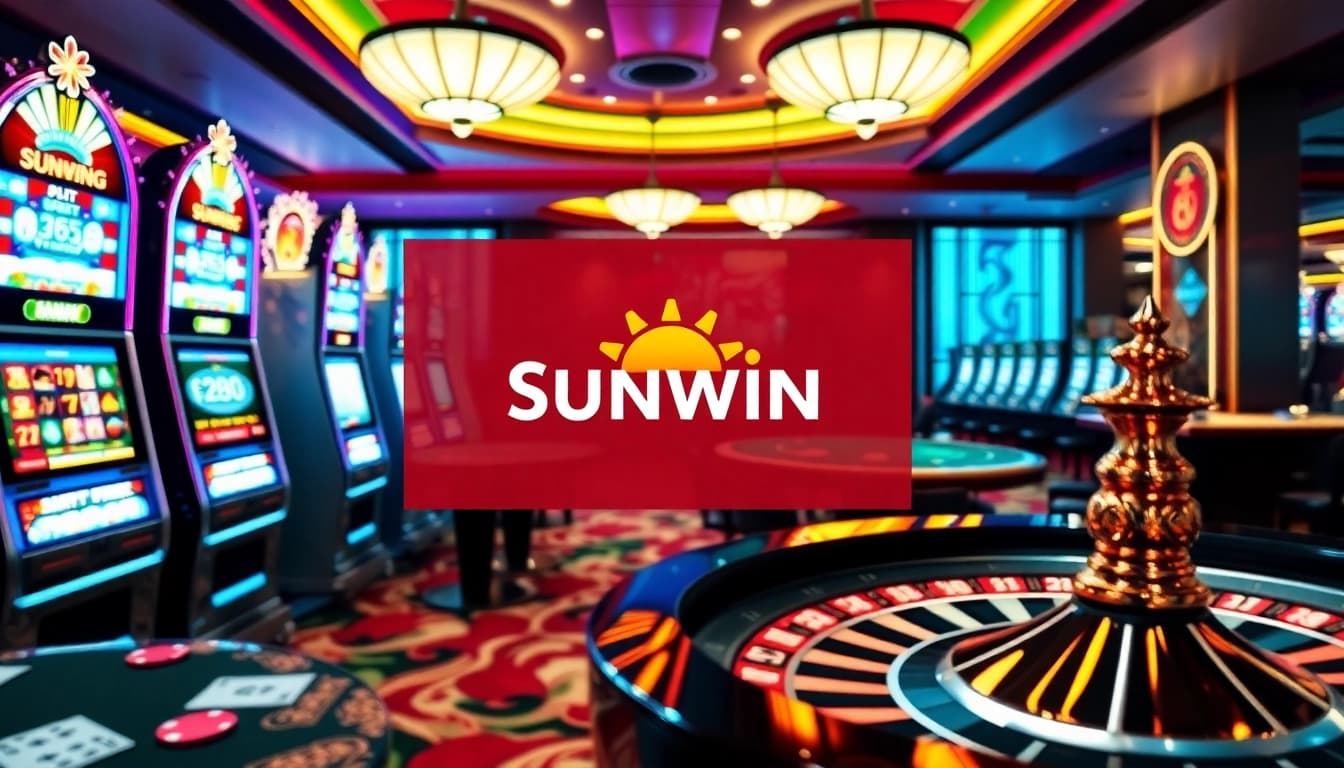 Engage with Game bài Sunwin in a lively casino setting featuring vibrant slot machines and poker tables.