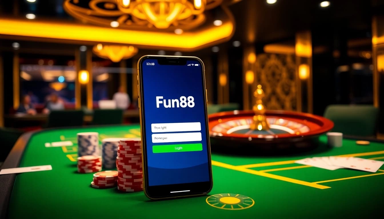 Fun88 login screen on a mobile device with casino elements like chips and cards.