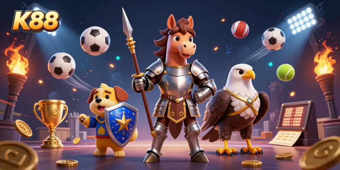 K88 showcases an exciting scene of sports betting with dynamic characters and effects, capturing the thrill of gambling.
