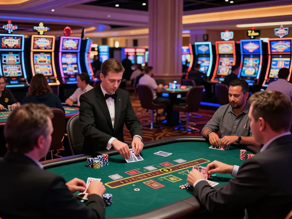 Players placing bets at blackjack tables in a lively Las Vegas casino scene with fly88 ambiance.