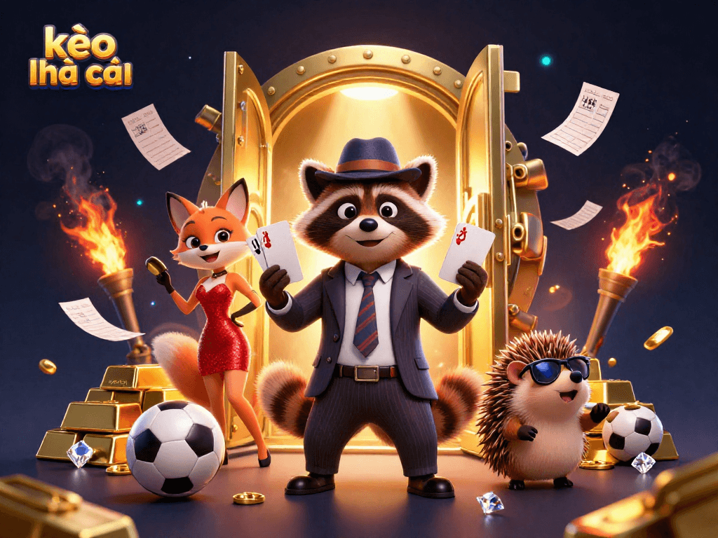 Engage with kèo nhà cái sports betting thrill featuring raccoon, fox, and hedgehog in vibrant 3D scene.