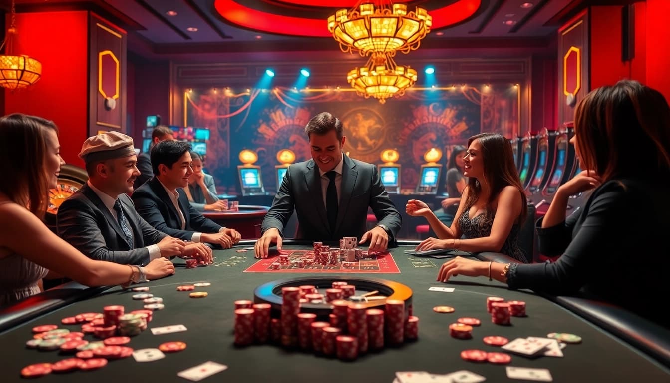 Players enjoying a game at f168.me casino table with stylish decor and vibrant atmosphere.