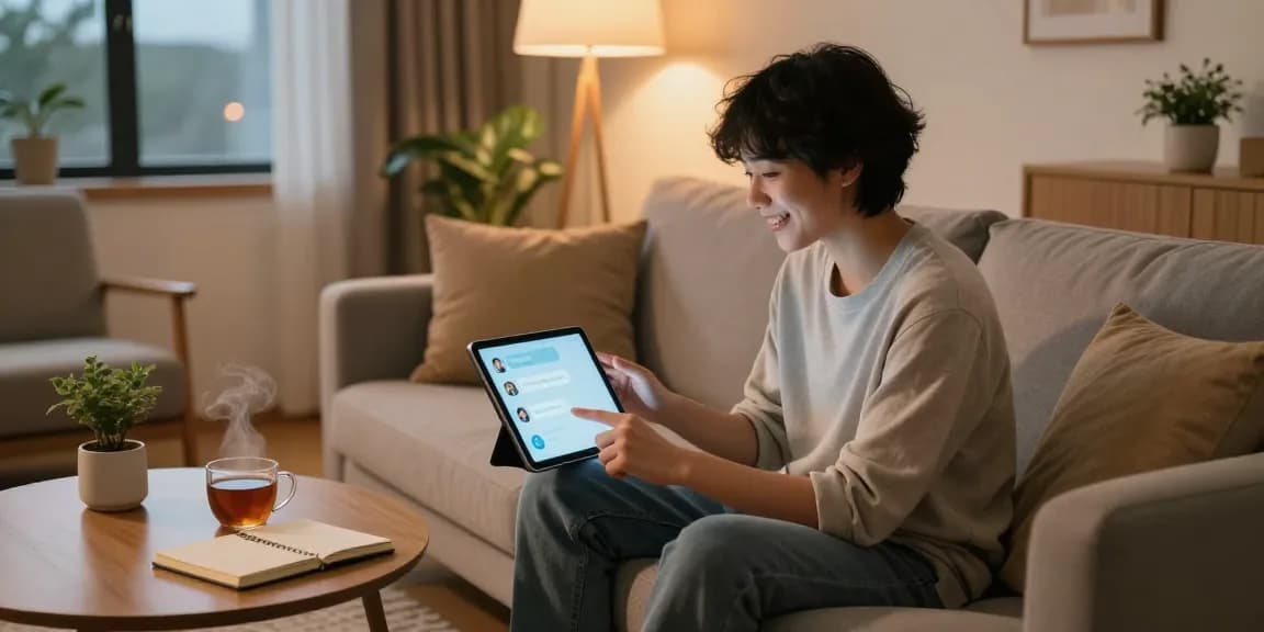 Engaging with an AI girlfriend on a tablet in a cozy living room.