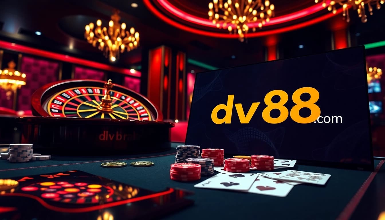 Place bets and win with dv88 com showcasing thrilling casino elements and vibrant gaming ambiance.