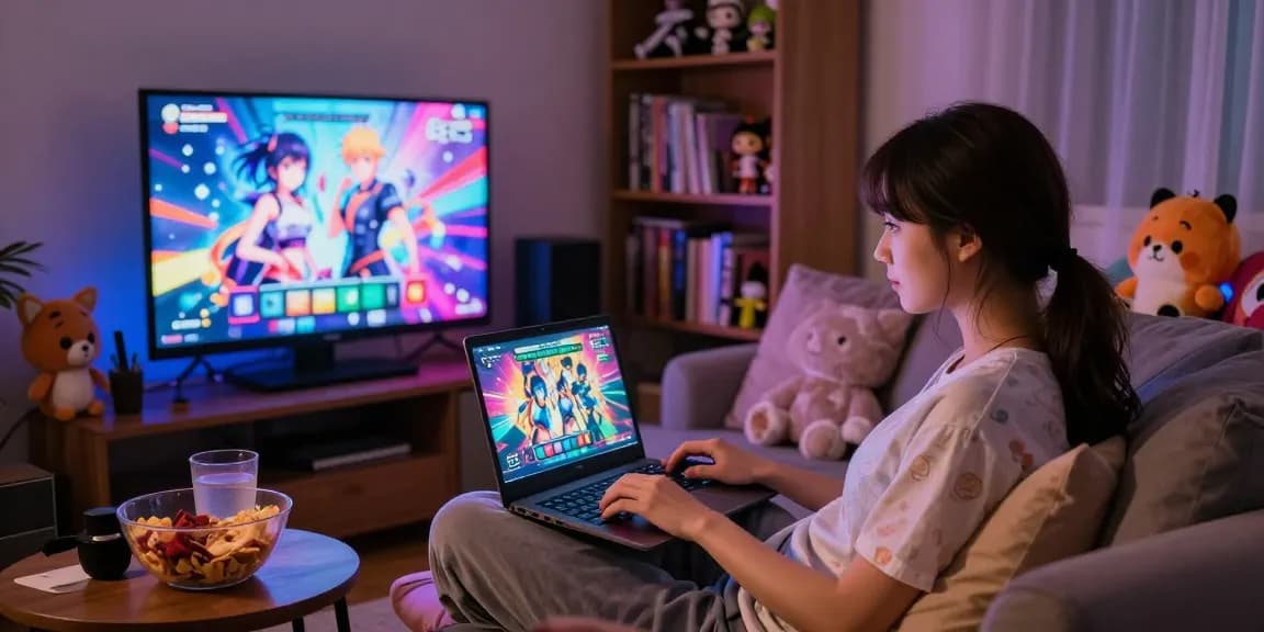 Engaging female gamer enjoying ecchi games online in cozy room ambiance