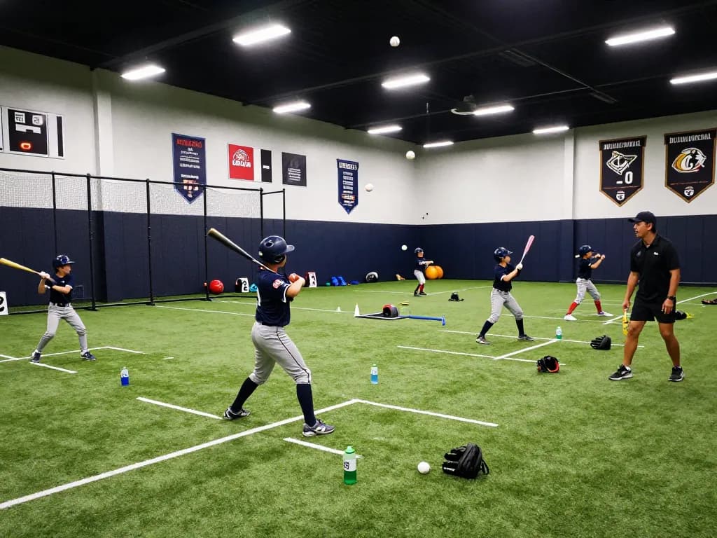 Hitclub youth baseball training in dynamic indoor facility with athletes practicing hitting techniques and coaches guiding.