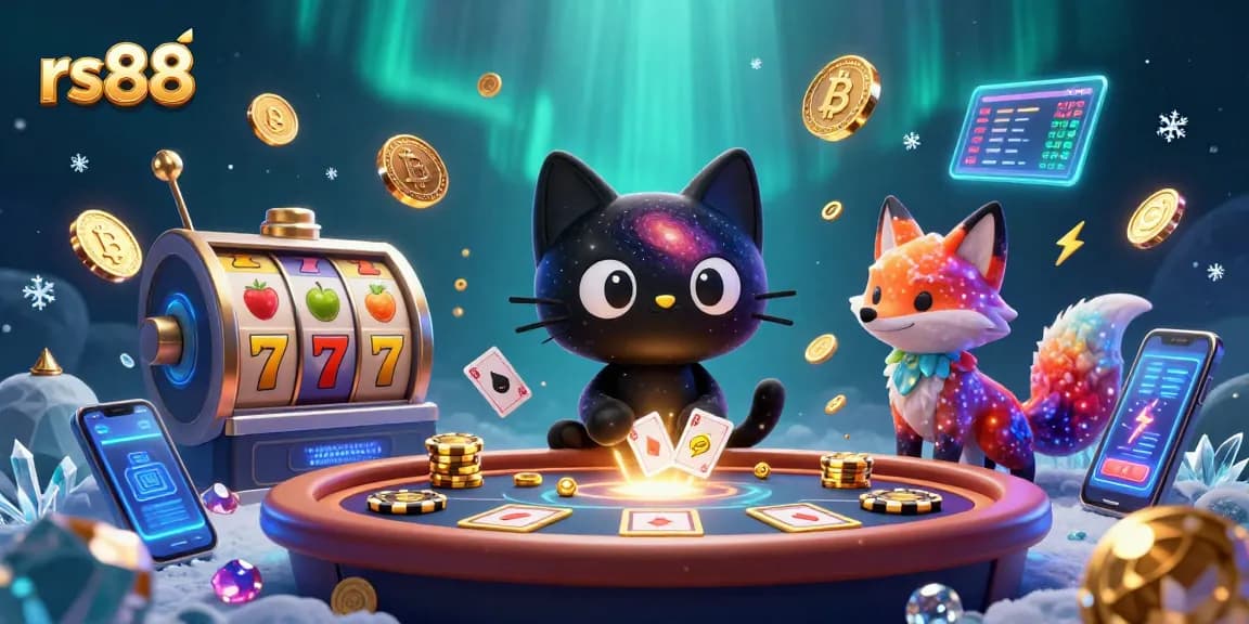 Engage with rs88 as the black hole cat and nebula fox navigate a vibrant casino scene surrounded by swirling jackpots.