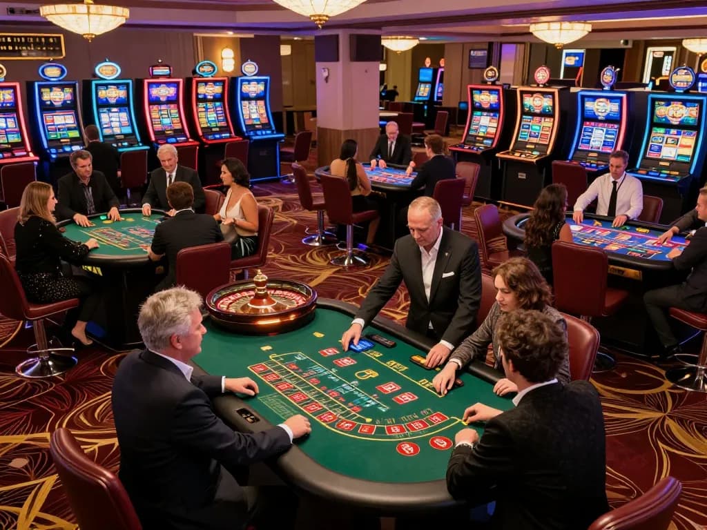 Players enjoying SHBET games at an upscale casino, highlighting excitement and strategy during gameplay.