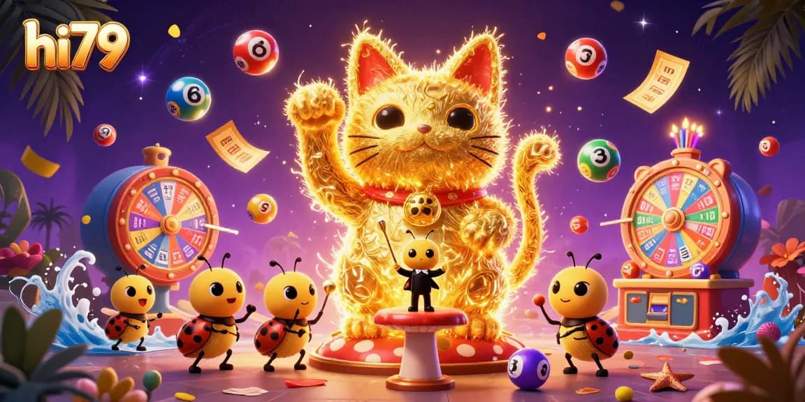 Win big at hi79 with a lucky cat made of fireflies, surrounded by colorful lottery elements!