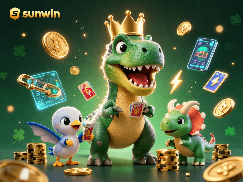 Engage in thrilling gaming at sunwin while T-Rex shuffles cards and a triceratops stacks chips.