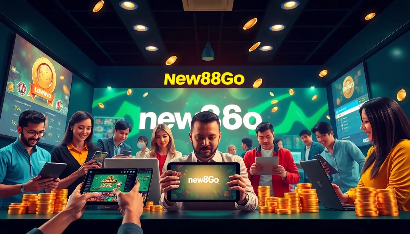 Engaging scene of diverse players using new88go.com on mobile devices in an inviting online gambling environment.