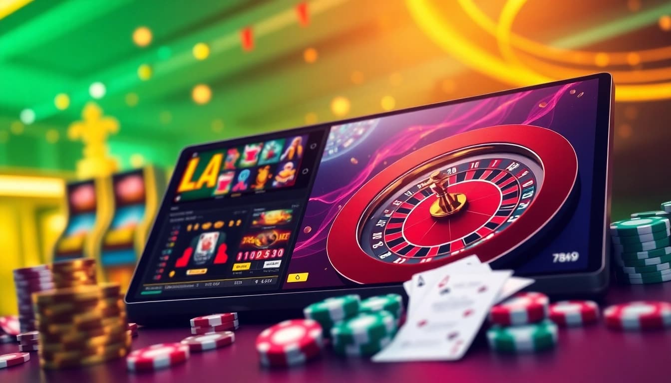 Experience the excitement of 789winn with a vibrant online casino scene featuring poker tables and slot machines.