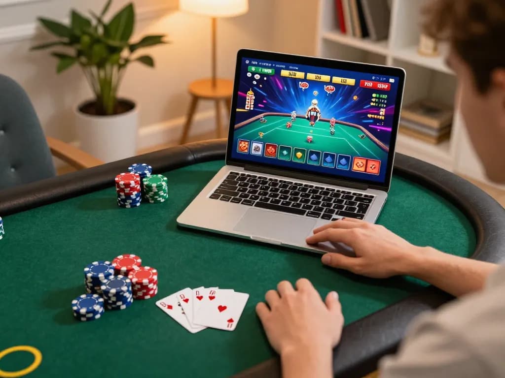 Exciting player enjoying online poker at home with vibrant graphics on screen, highlighting 78wintl's gaming experiences.