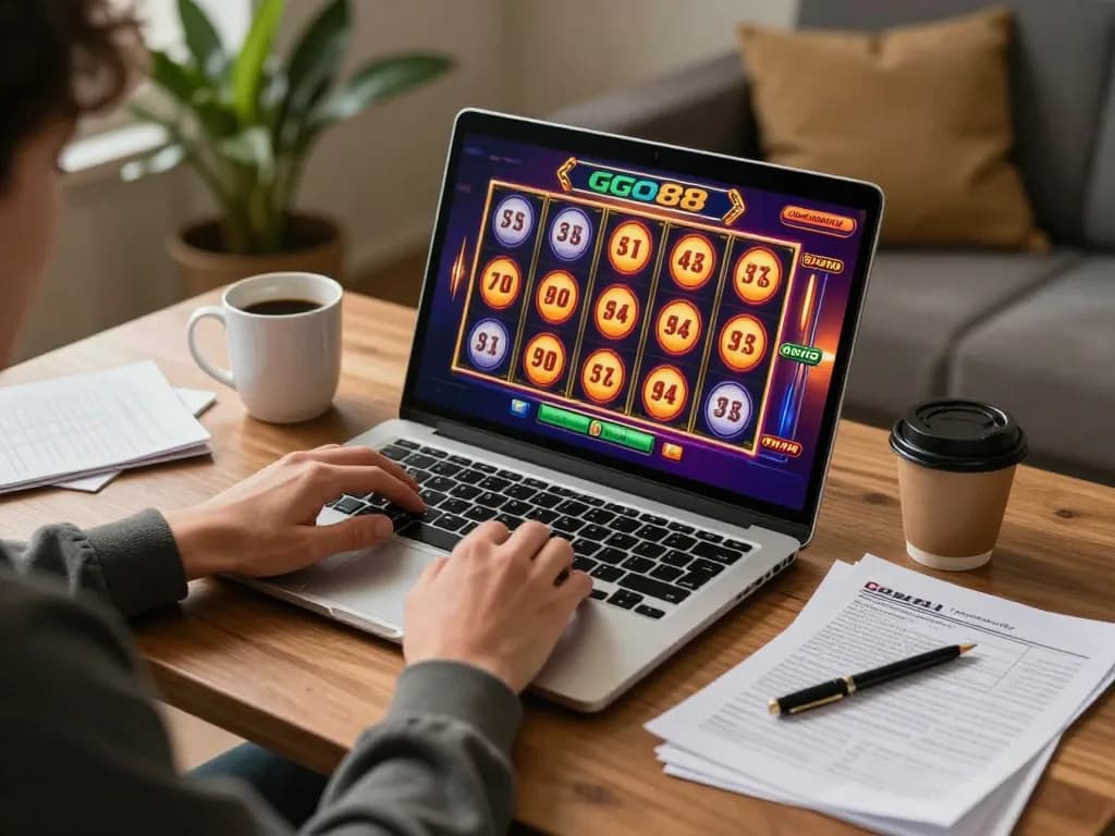 Engaged in Go 88 online gaming setup with vibrant slots displaying on laptop.