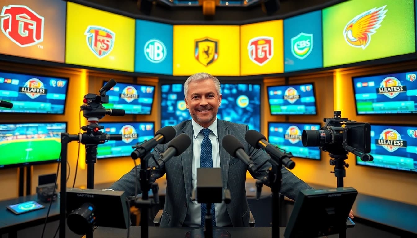 Engaging sports broadcasting scene featuring a dynamic host and vibrant studio setup.