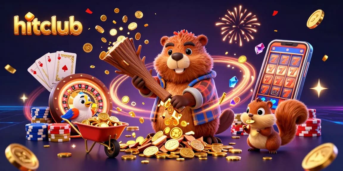Hitclub showcases a vibrant gaming scene with a beaver, bird, and squirrel collecting coins.