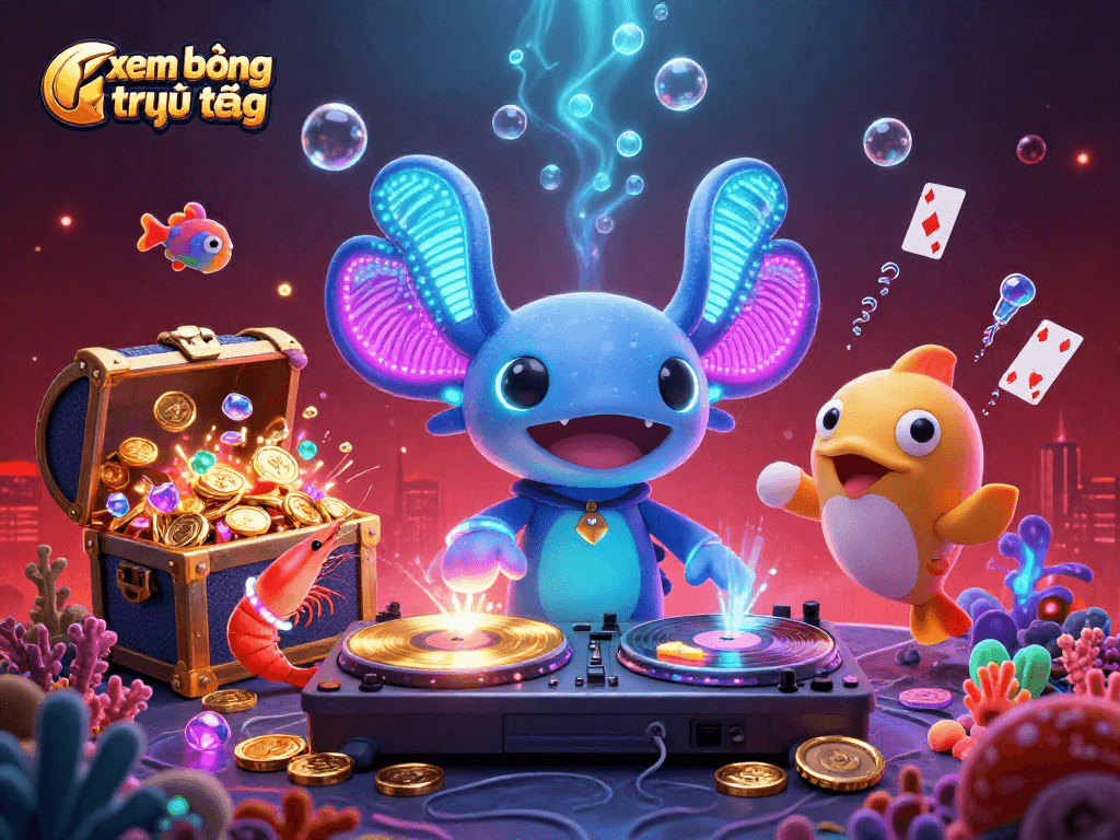 Experience xem bóng đá trực tiếp with vibrant 3D cartoon illustration showcasing an axolotl DJ and underwater treasures in a lively casino ambiance.