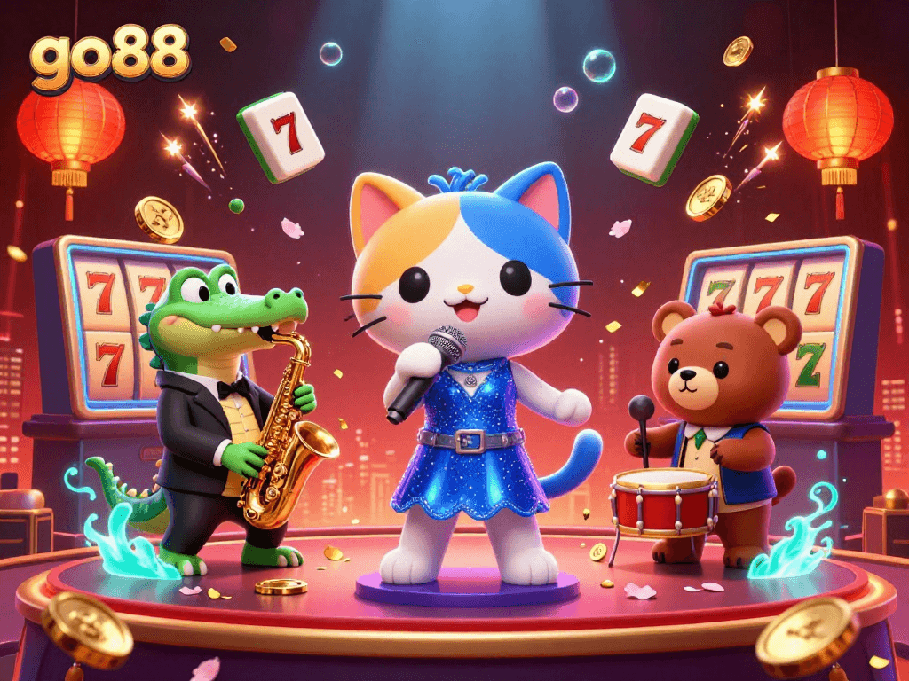 Experience go88's vibrant casino excitement with a jazz-singer cat, saxophone crocodile, and drum-playing bear.