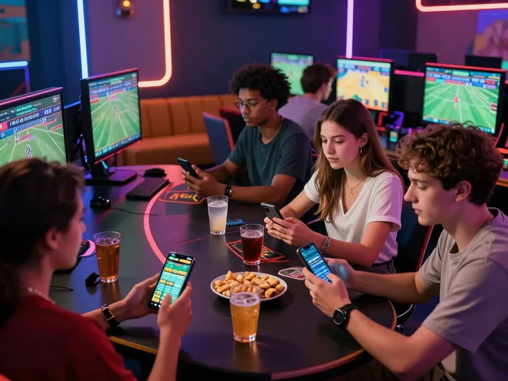 Exciting gambling scene showcasing friends engaging with the rikbet app in a lively gaming atmosphere.