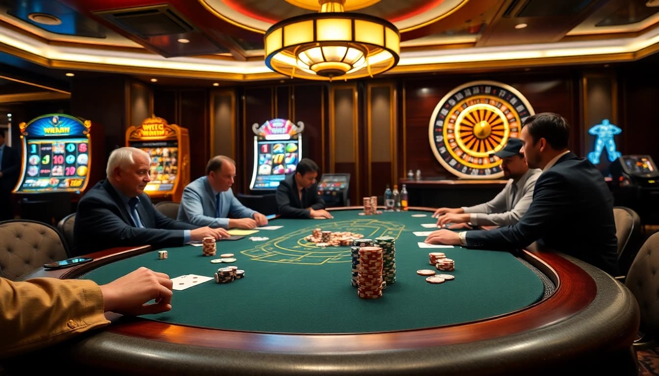 Engaging poker players and chips at a luxurious casino table representing ww88 gaming.
