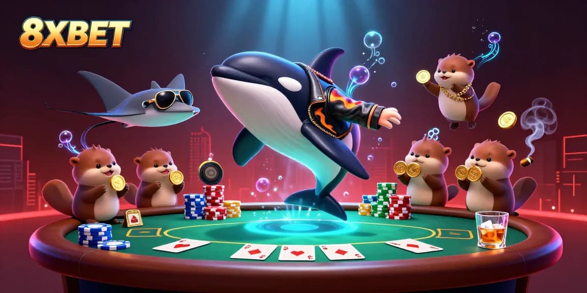 Experience thrilling gambling action with 8XBET in this vibrant and dynamic casino-themed illustration.