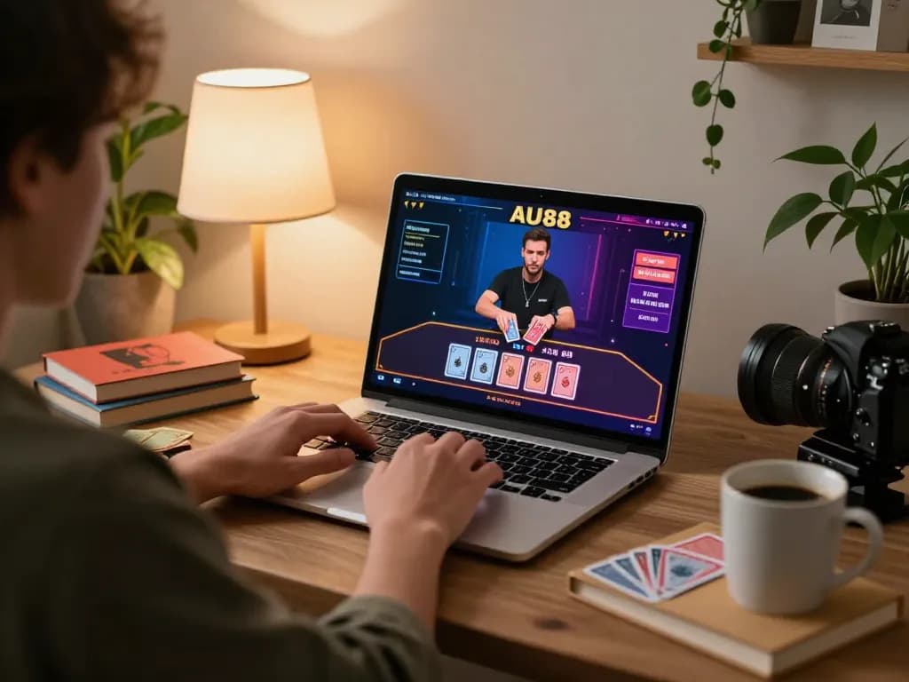 The engaging online gaming experience at au88 broker showcased with a relaxed player enjoying live dealer games at home.