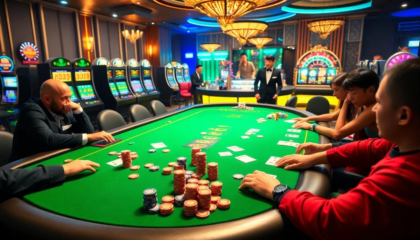 Players at a luxurious kim88 club casino table engaged in intense gaming.