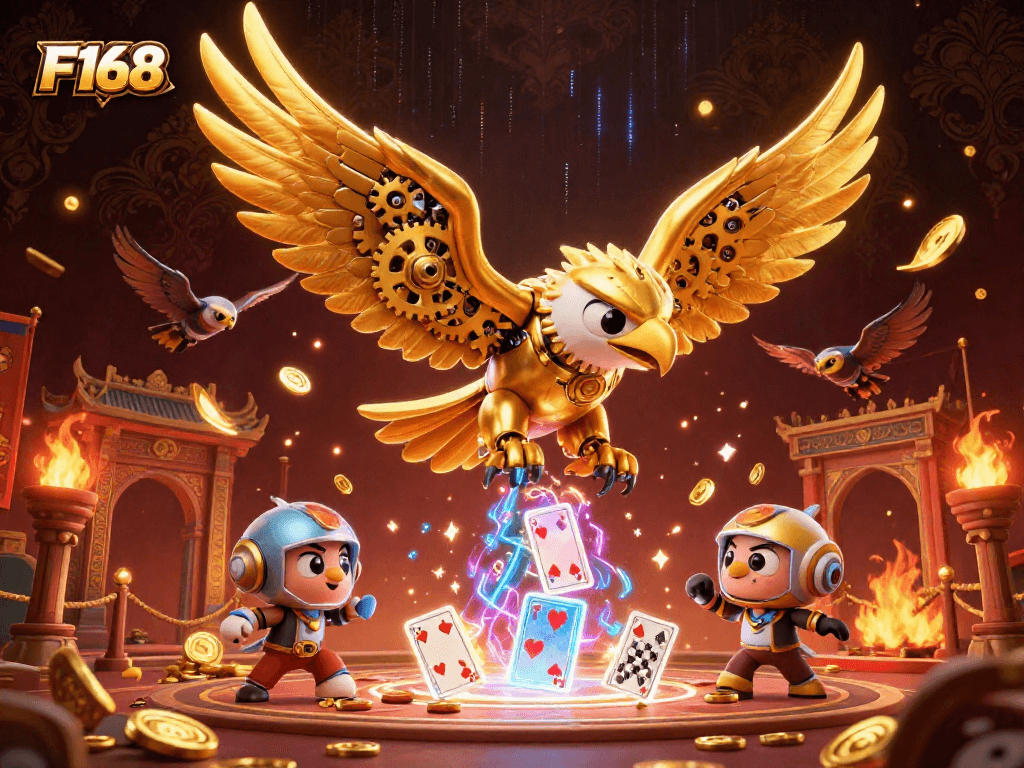 Experience thrilling gameplay at F168 with a 3D golden eagle amid dynamic casino action.