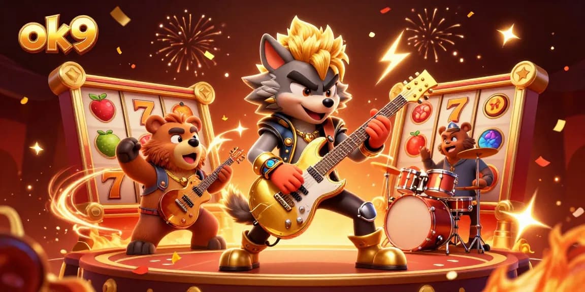 Experience ok9 thrills with a dynamic 3D illustration showcasing slot games and electrifying characters.