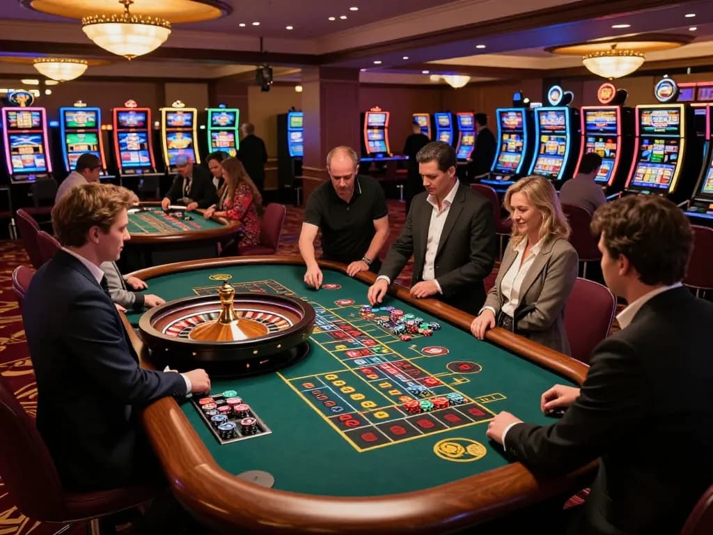 Sunwin players placing bets at an exciting roulette table in a bustling casino atmosphere.