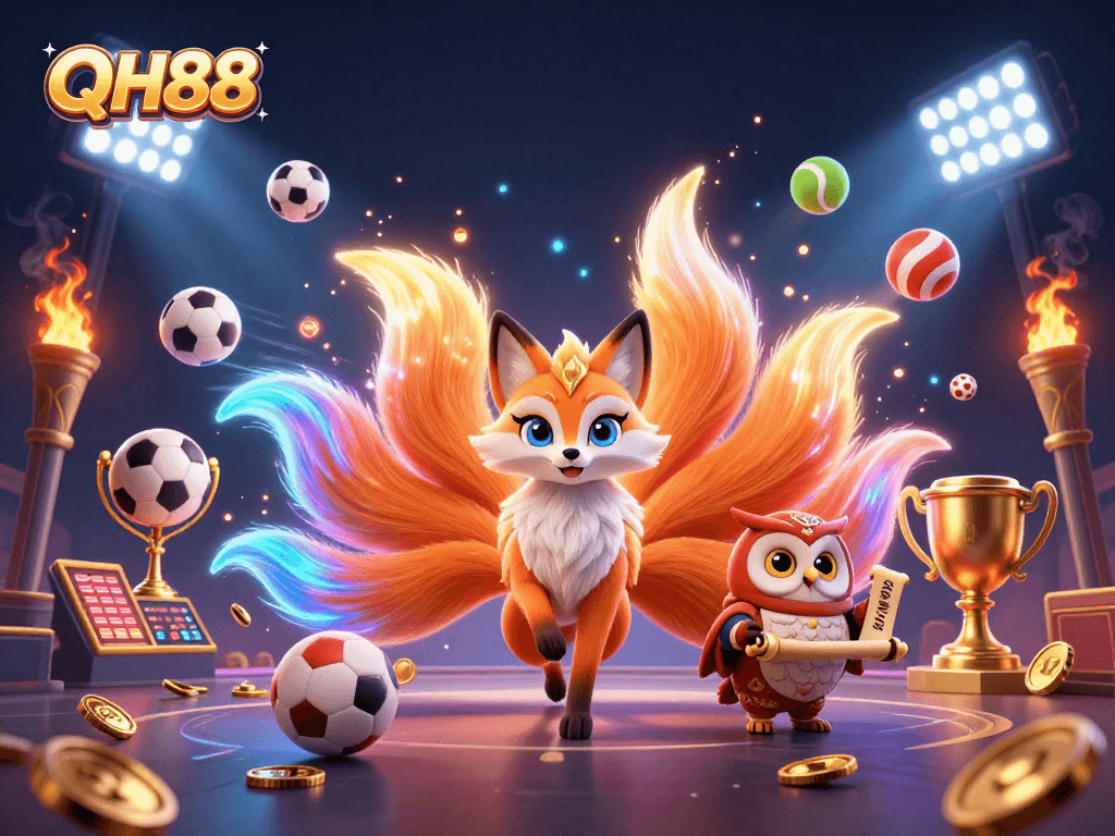 Experience excitement with QH88 in this vibrant 3D casino spirit scene depicting sports betting elements.