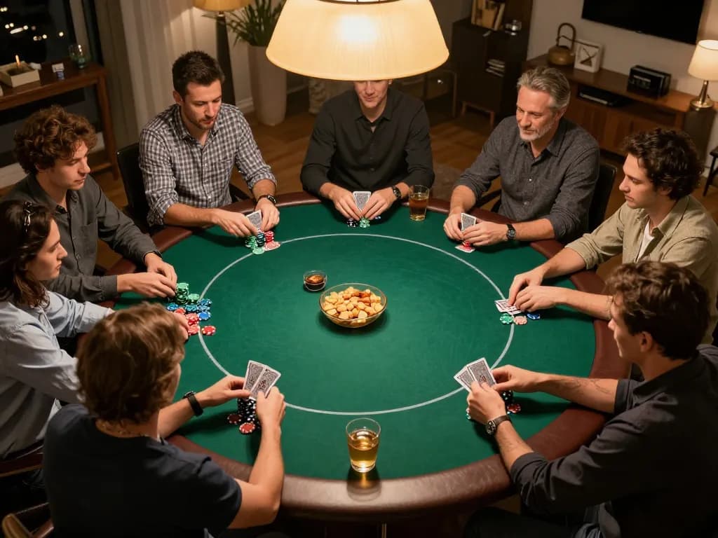 Poker players enjoying a friendly game at home while using jun88 com for strategies, surrounded by snacks and drinks.