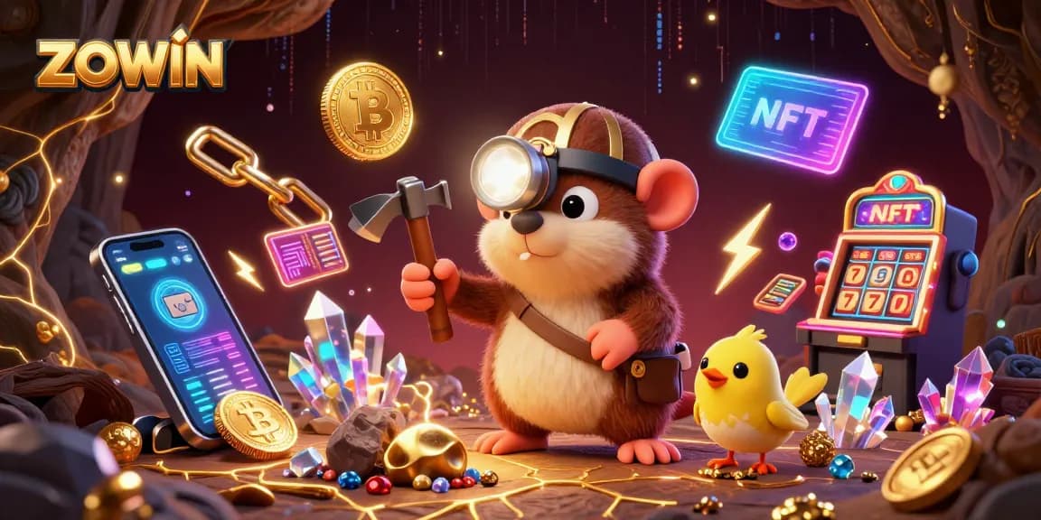 Experience ZOWIN's thrilling adventure in a treasure-filled casino world with vibrant crypto elements.
