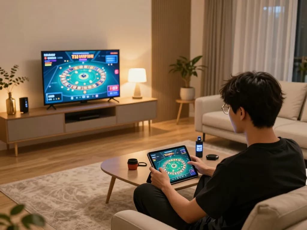 Tài Xỉu Sunwin gameplay in a stylish home setting, showcasing a player's strategic online betting