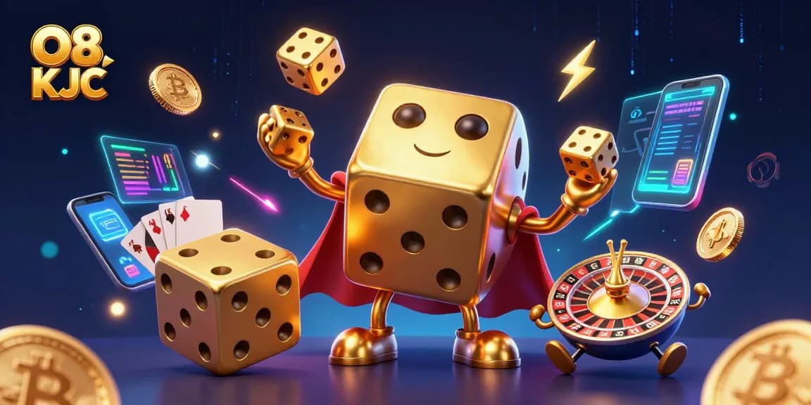 Spin to win big with the stunning O8 KJC 3D casino illustration featuring dynamic golden dice and crypto elements.