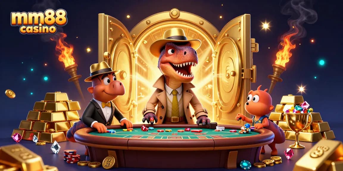 Engage with immersive fun at mm88 casino, featuring a playful velociraptor counter at a blackjack table.