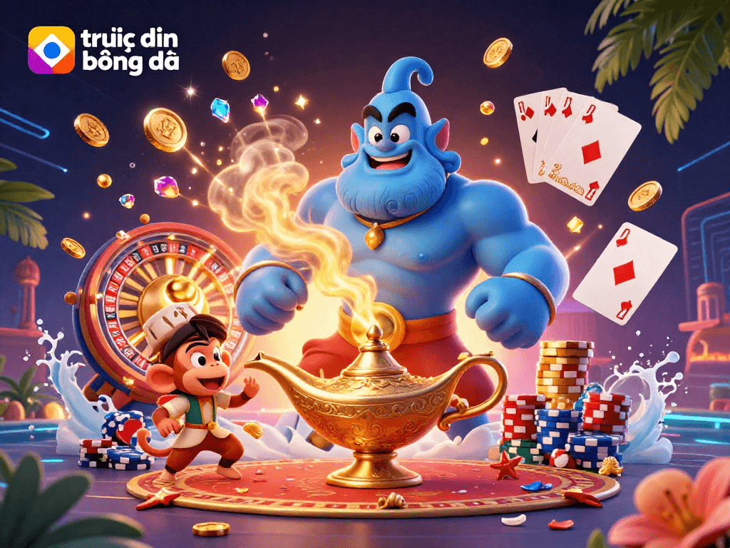Experience trực tiếp bóng đá with dynamic scene of genie bursting from lamp, flying magic carpet, and glittering casino elements.