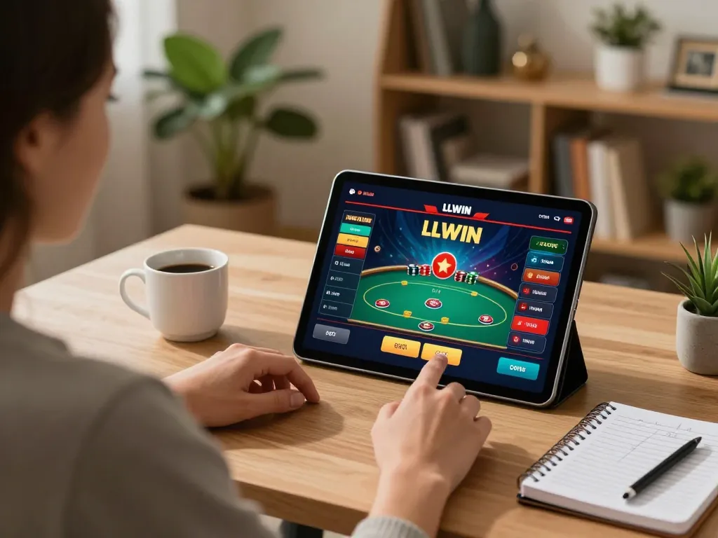 Person enjoying LLWIN online casino gameplay on a tablet, surrounded by strategy notes in a cozy home environment.
