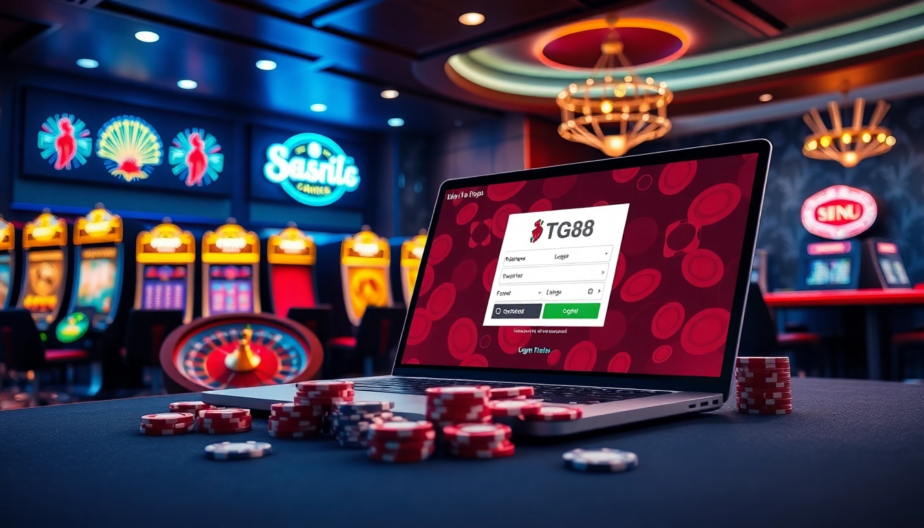 Experience TG88 đăng nhập seamlessly at an upscale online casino with vibrant slots and gaming tables.
