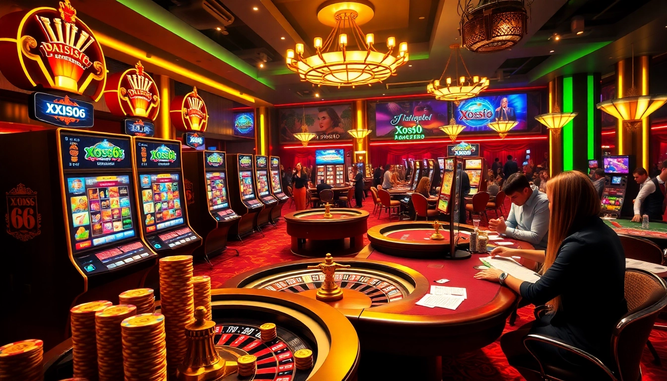 Xoso66 players enjoying vibrant slot machines and live casino tables in an exciting atmosphere.