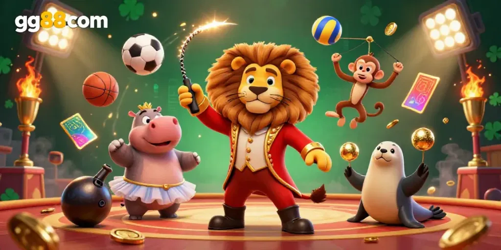 Experience gaming excitement with gg88com's vibrant scene showcasing lively casino characters and dynamic sports elements.