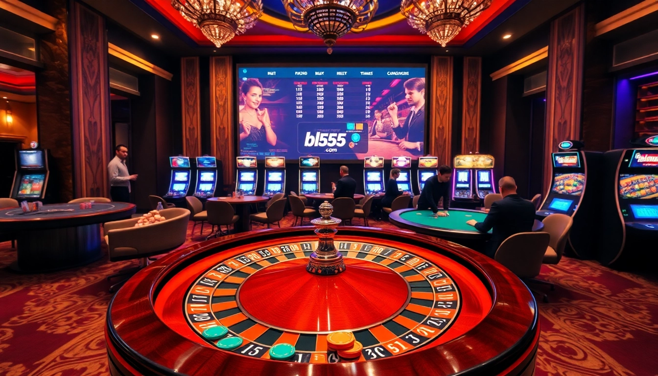 Experience thrilling gameplay at bl555 com's vibrant casino with roulette and poker tables.