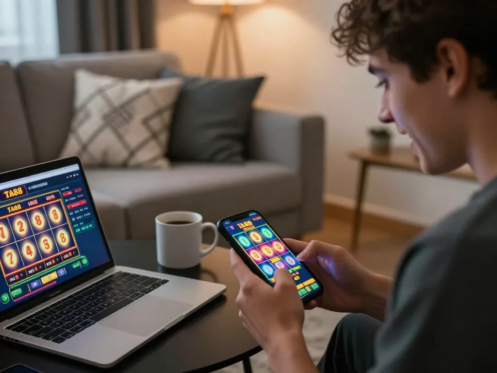 Playing the TA88 slots game on a smartphone in a cozy home setting with excitement