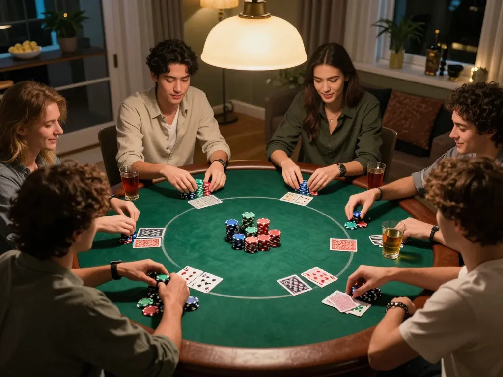Bongdalu enthusiasts enjoying an engaging home poker night with vibrant chips and cards.