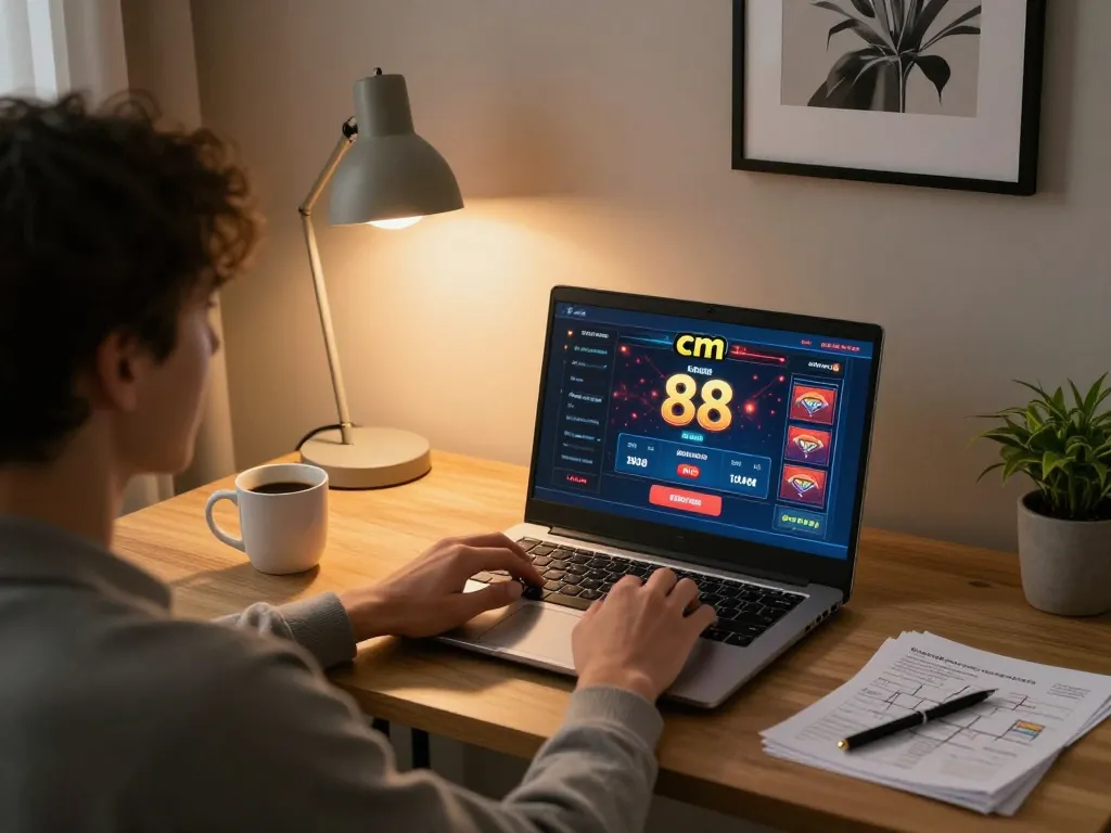 Engaging with cm 88 online casino from a cozy home office, capturing responsible gaming in a relaxed environment.
