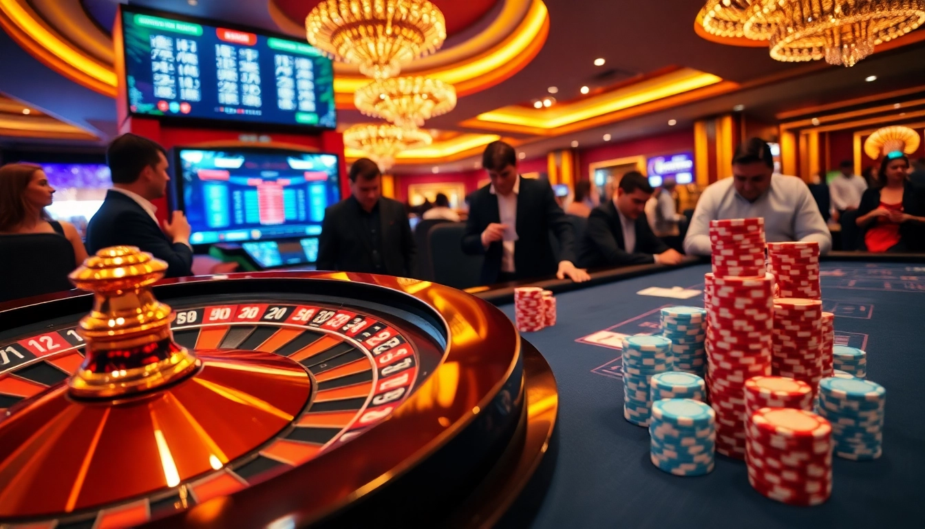 Action-packed scene of kkwin casino tables with players engaged in roulette and poker.
