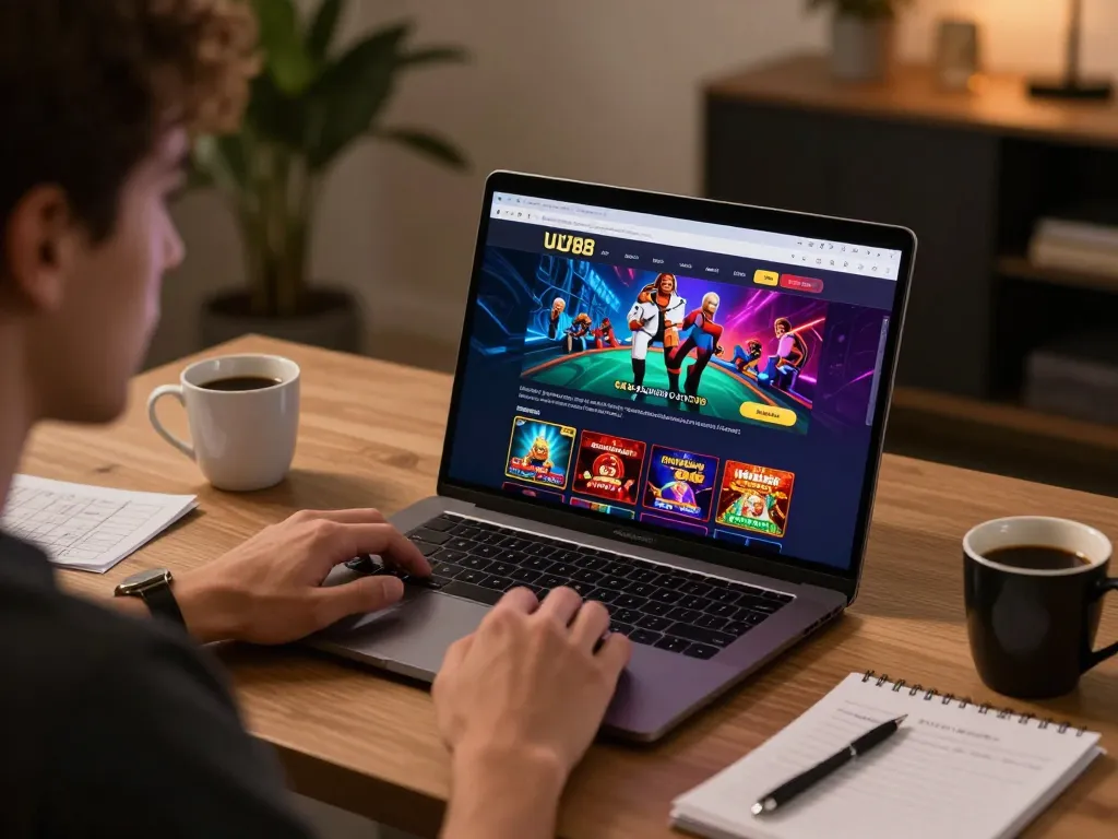 Engaging online gamer using the Win88 platform on a sleek laptop in a cozy setup while tracking strategies.